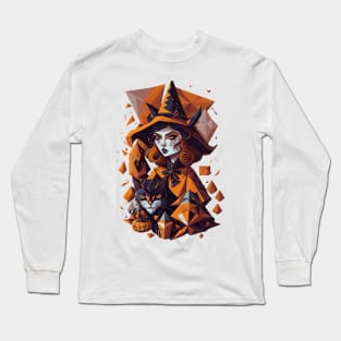 Halloween Witch with Cat in Geometric style Long Sleeve T-Shirt